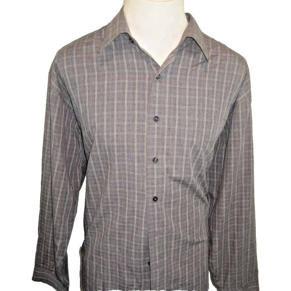 Mens Van Heusen Brown Plaid Wrinkle Free LS Cotton Blend Casual Shirt sz XL